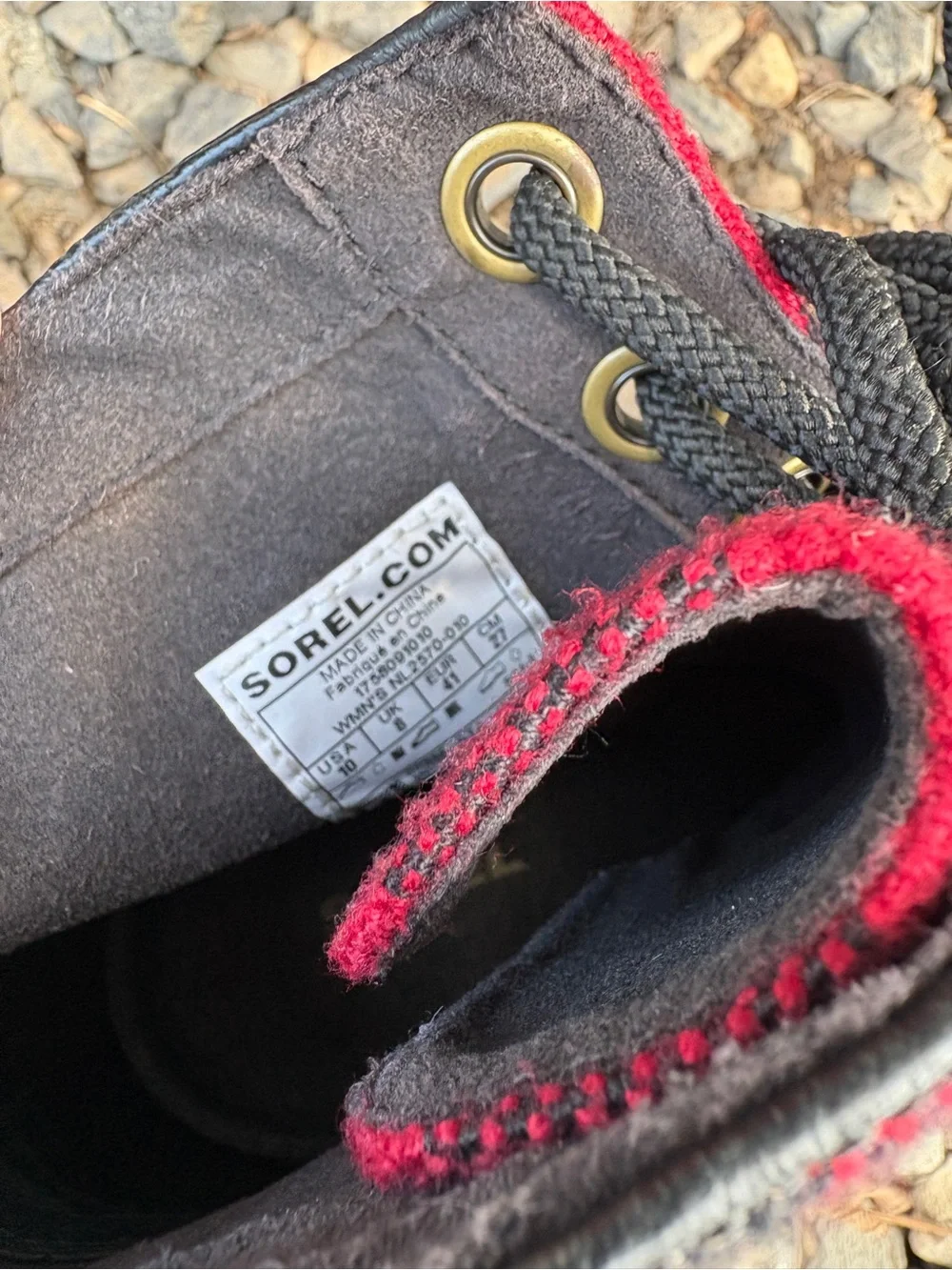Sorel Black Leather and Red Buffalo Plaid Wedge Lace-Up Boots